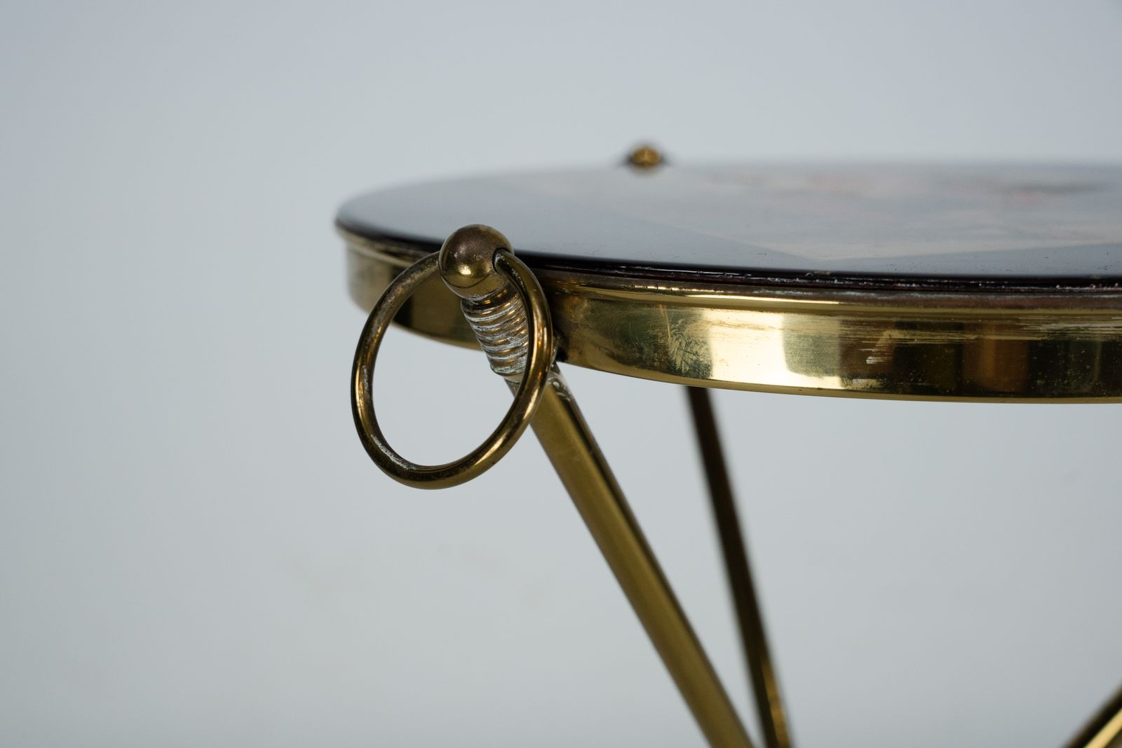 photo furniture Small Italian Brass And Wood Tripod Coffee Table From 50s