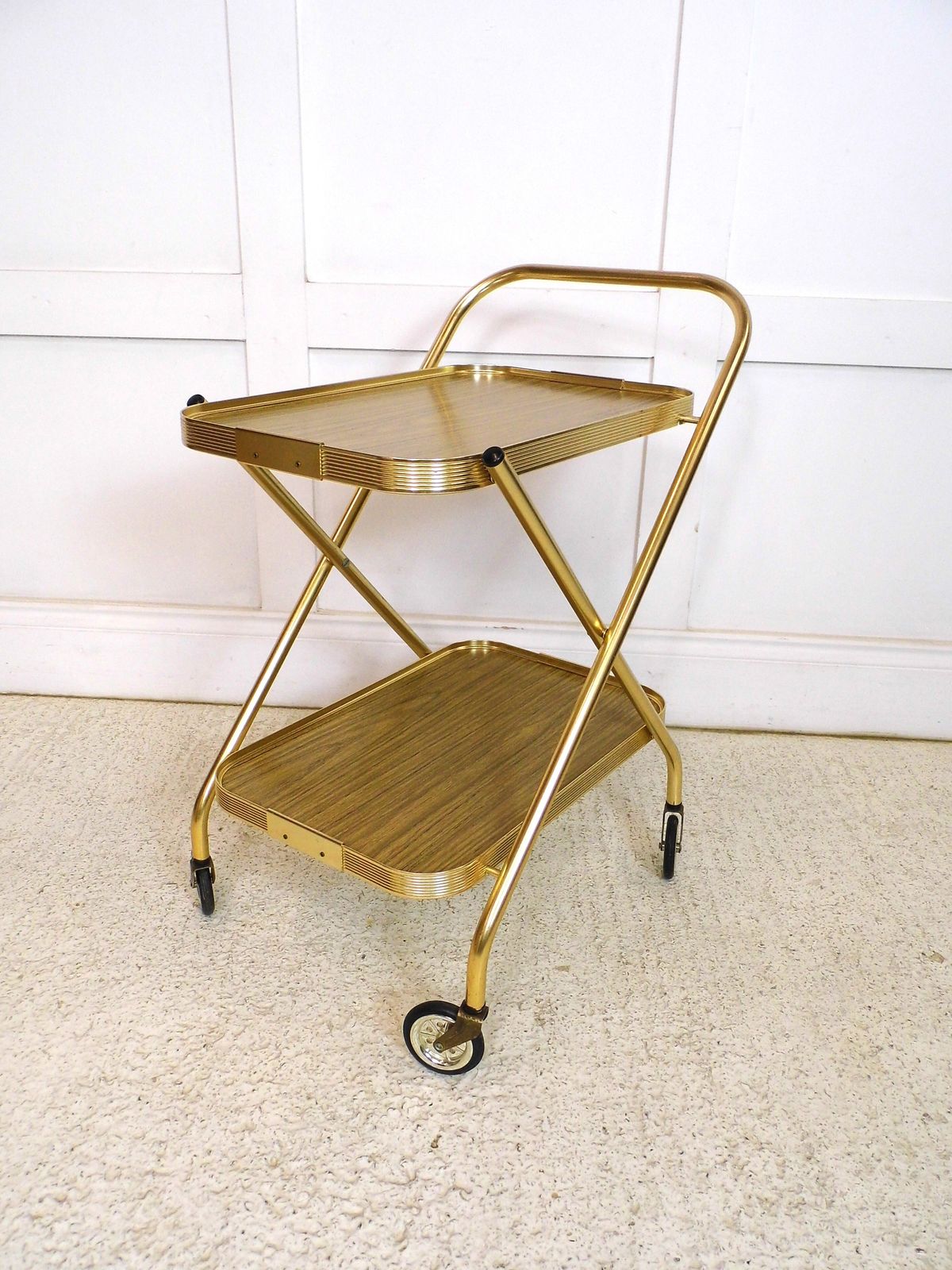 Vintage Retro Hostess Bar Drinks Cart Trolley Folding Design 1970s Formica Gold photo for sale