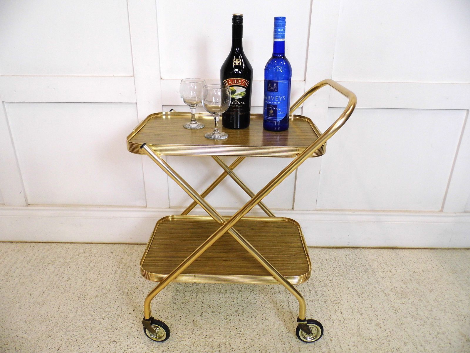 Vintage Retro Hostess Bar Drinks Cart Trolley Folding Design 1970s Formica Gold photo Furniture