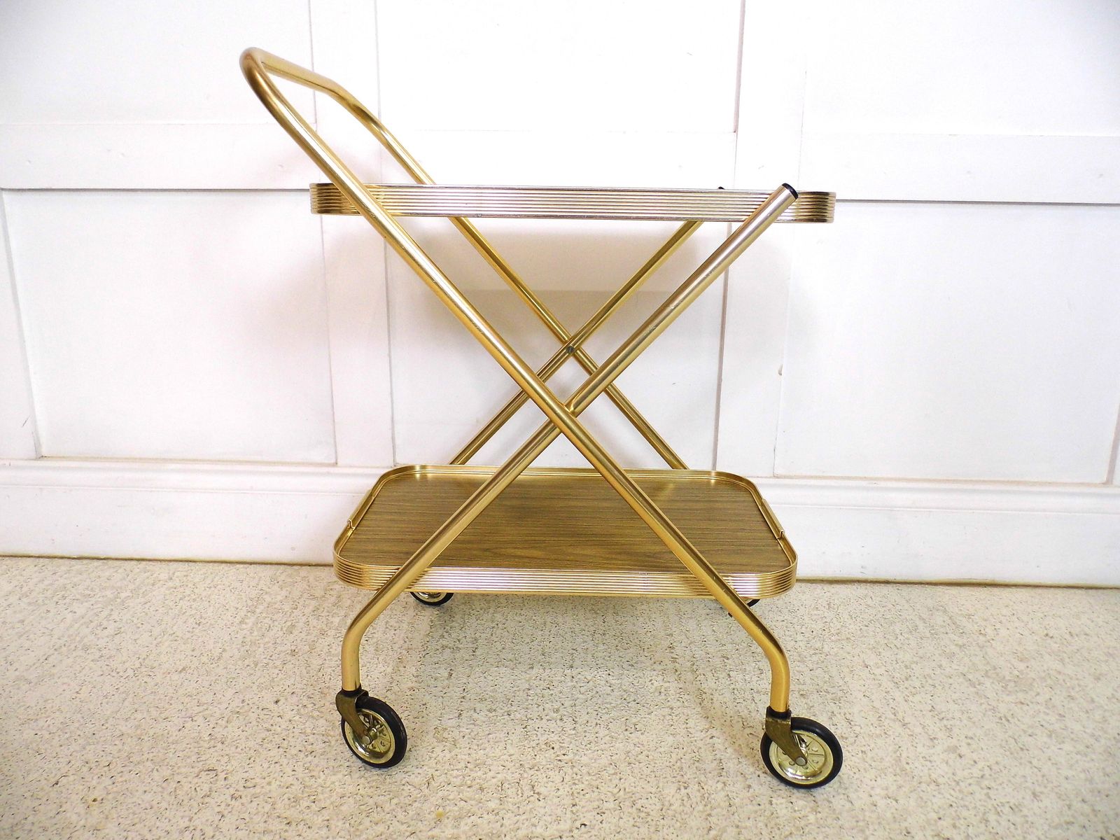 photo furniture Vintage Retro Hostess Bar Drinks Cart Trolley Folding Design 1970s Formica Gold