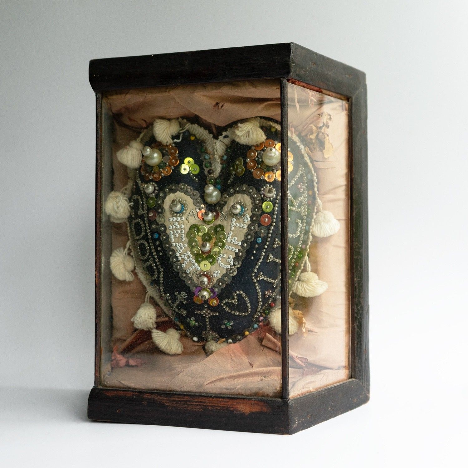 Antique Sailors Folk Art 'Sweetheart' Cushion In Glass Case, Late 19th Century photo furniture