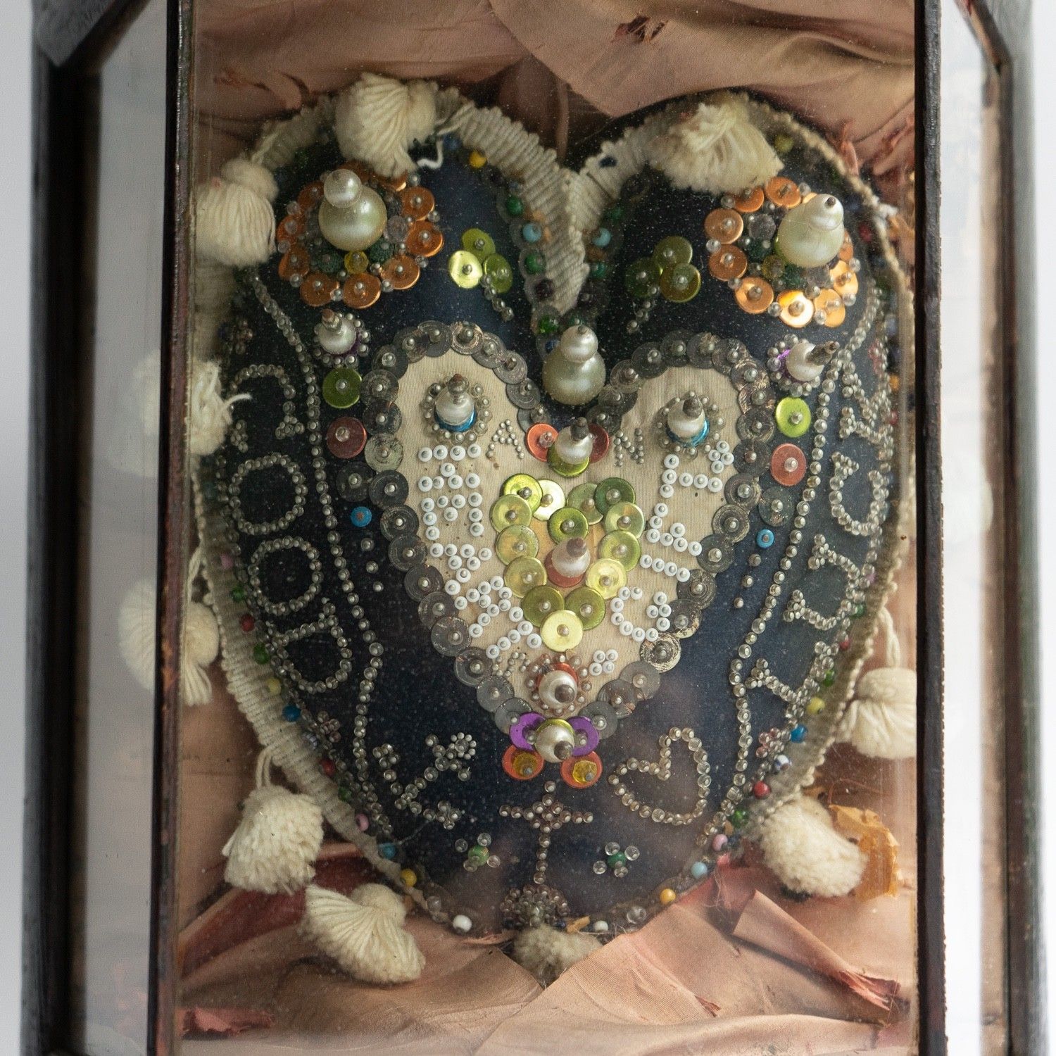 Antique Sailors Folk Art 'Sweetheart' Cushion In Glass Case, Late 19th Century photo Textiles