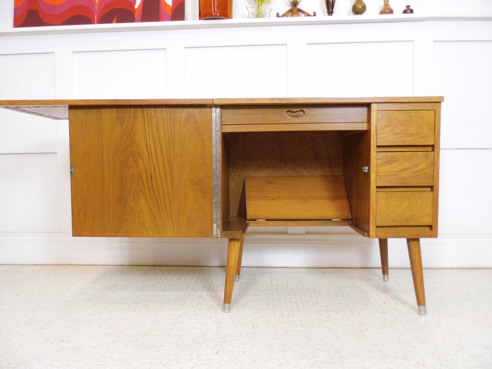 Midcentury Teak Sewing Table Cabinet Metamorphic Laptop Desk For Home 1960s
