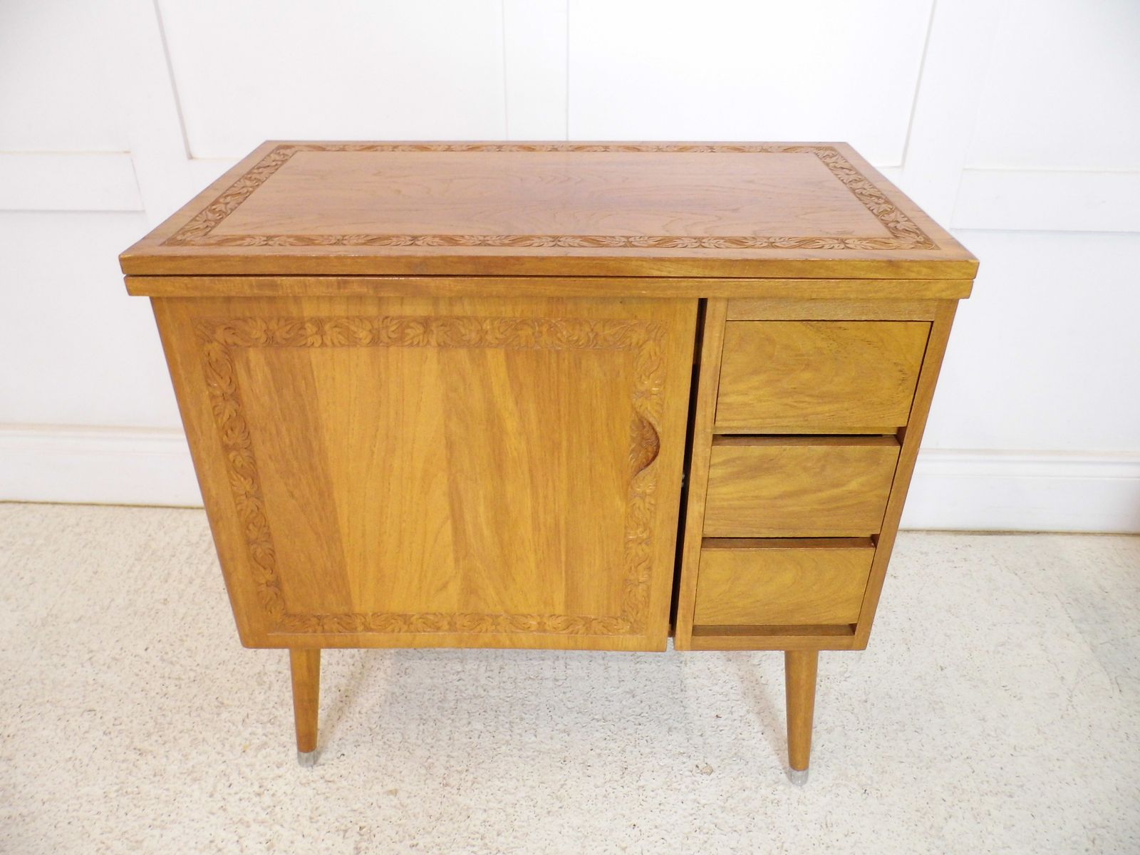 Midcentury Teak Sewing Table Cabinet Metamorphic Laptop Desk For Home 1960s photo furniture