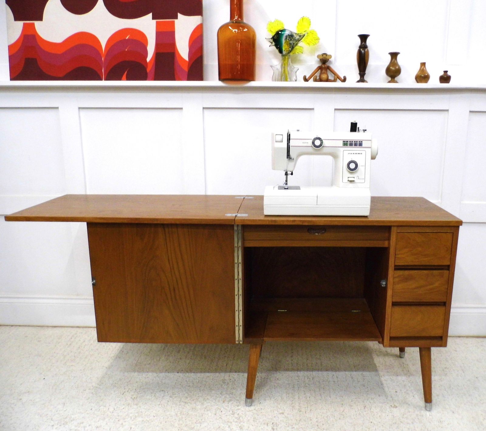 Midcentury Teak Sewing Table Cabinet Metamorphic Laptop Desk For Home 1960s photo 286.0