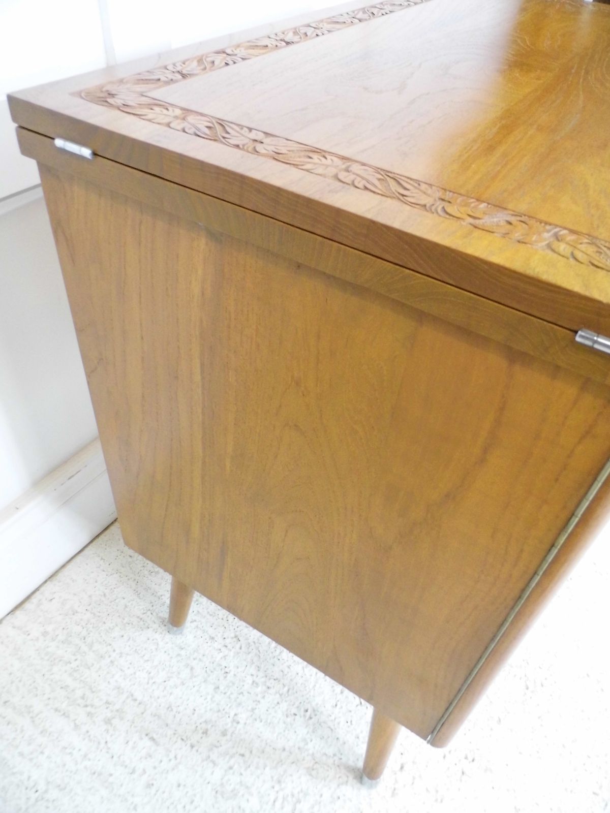 Midcentury Teak Sewing Table Cabinet Metamorphic Laptop Desk For Home 1960s photo vintage