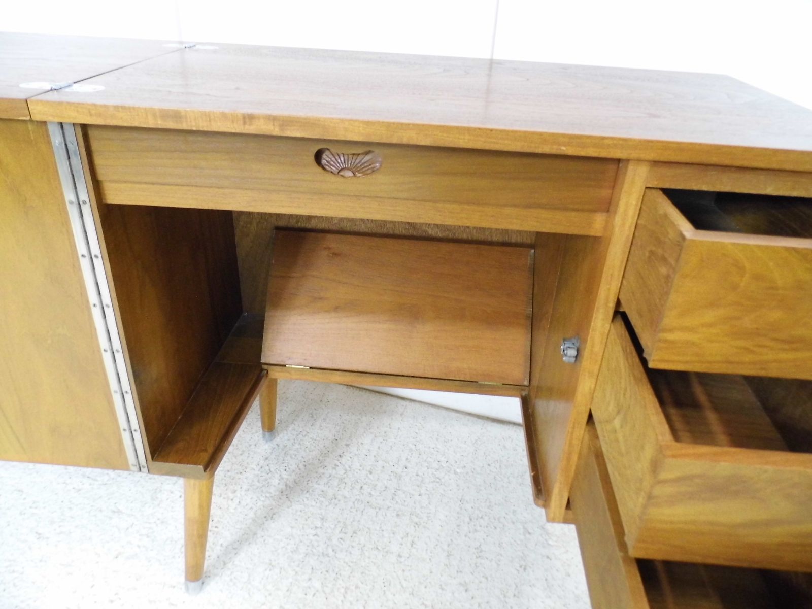Furniture Midcentury Teak Sewing Table Cabinet Metamorphic Laptop Desk For Home 1960s photo