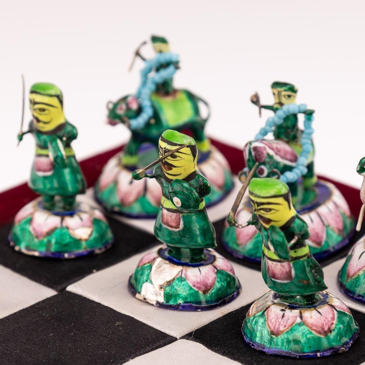 photo for sale 20thc Indian Silver & Enamel Chess Set With Silk & Velvet Board, Jaipur C.1950