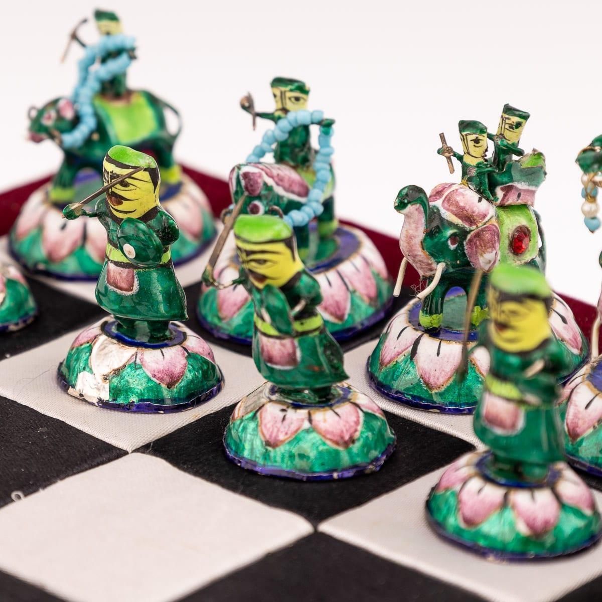 Home Decor 20thc Indian Silver & Enamel Chess Set With Silk & Velvet Board, Jaipur C.1950 photo