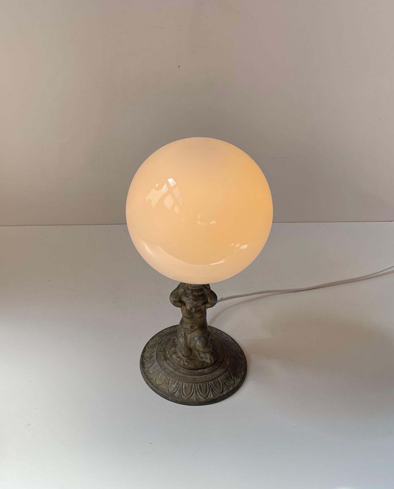Small Italian Bronze Cherub Table Lamp With Opaline Orb Sphere photo vinterior