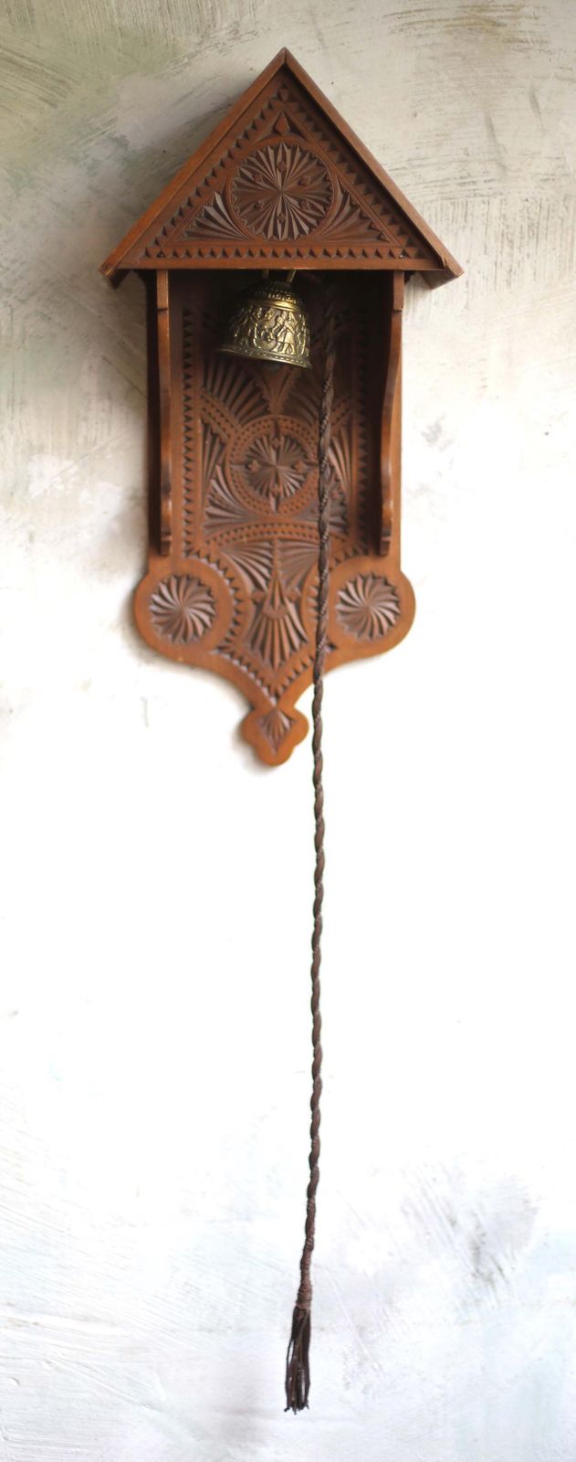 Antique Chalet Bell German Folk Art Carved Prayer Dinner Door Grand Tour photo Home Fixtures