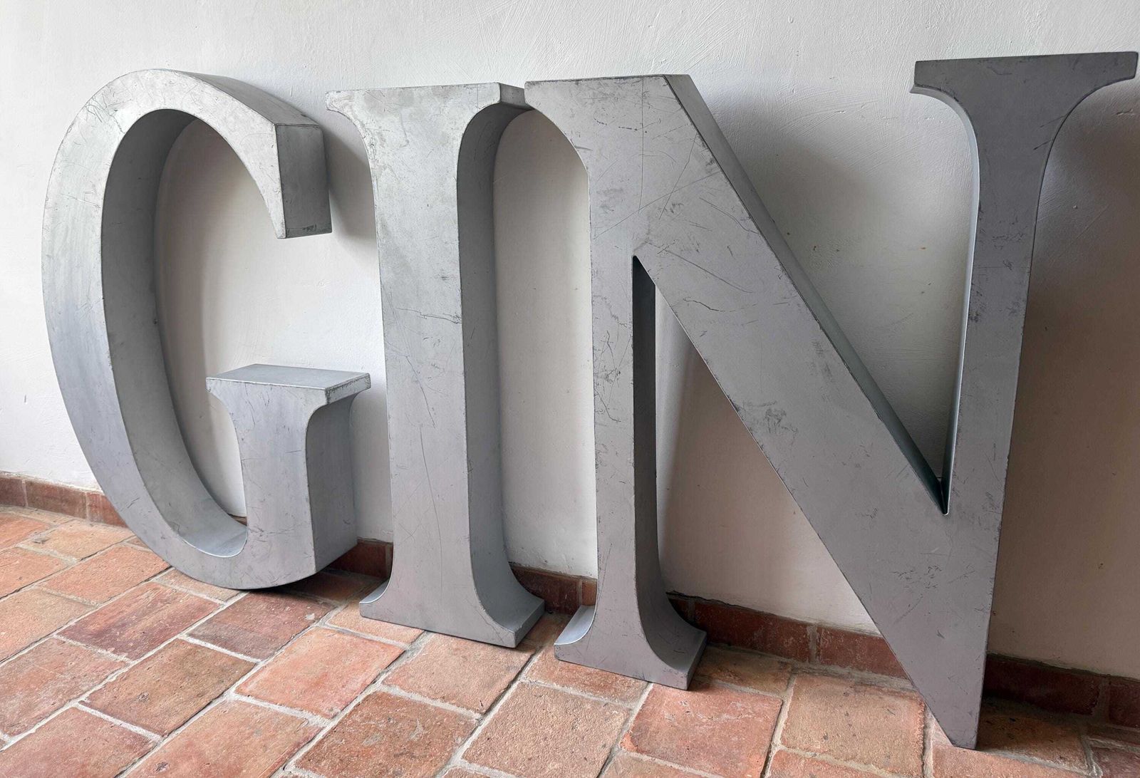 Large Gin Sign Mid Century Aluminum Letters Vintage Barware Industrial French Bar Decor Pub photo furniture