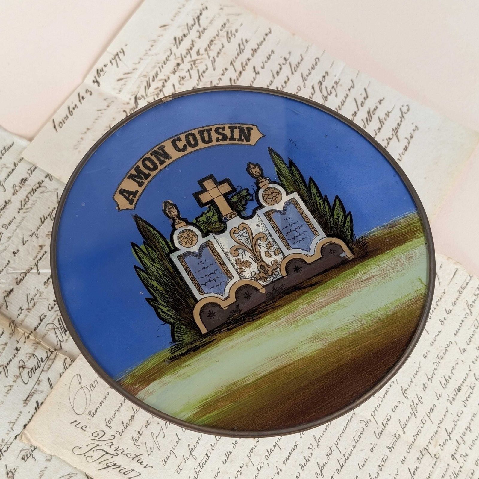 Reverse Glass Mourning Plaque, Antique French Fixé Sous Verre Memorial, A Mon Cousin Tombstone Wall Art, Late 19th Century photo Art
