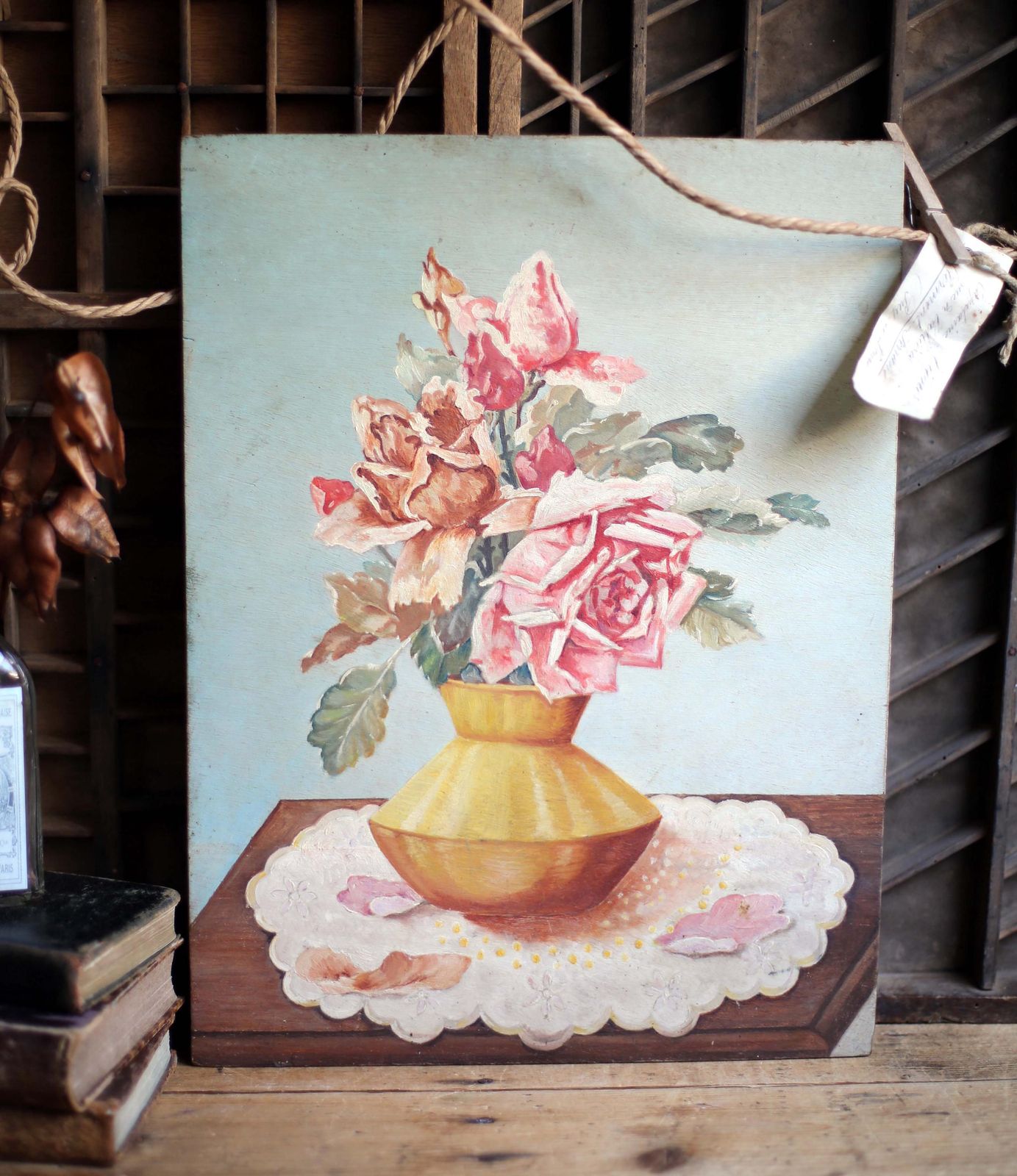 Antique French Roses Oil Painting Still Life Floral Art photo for sale
