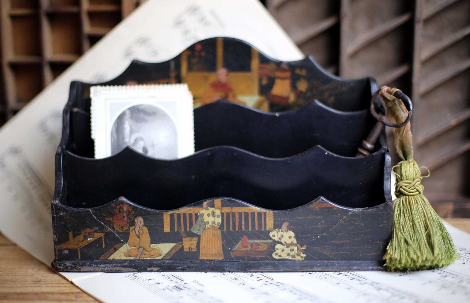 Antique Japanese Black Lacquer Letter Rack Wooden Desk Organizer Holder Storage photo for sale