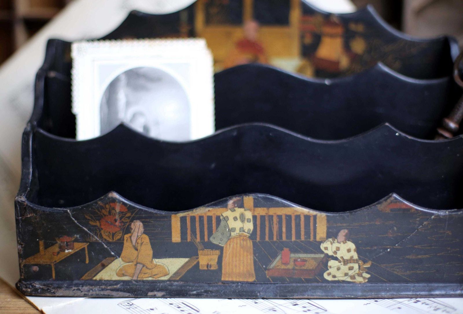 Antique Japanese Black Lacquer Letter Rack Wooden Desk Organizer Holder Storage photo Home Decor