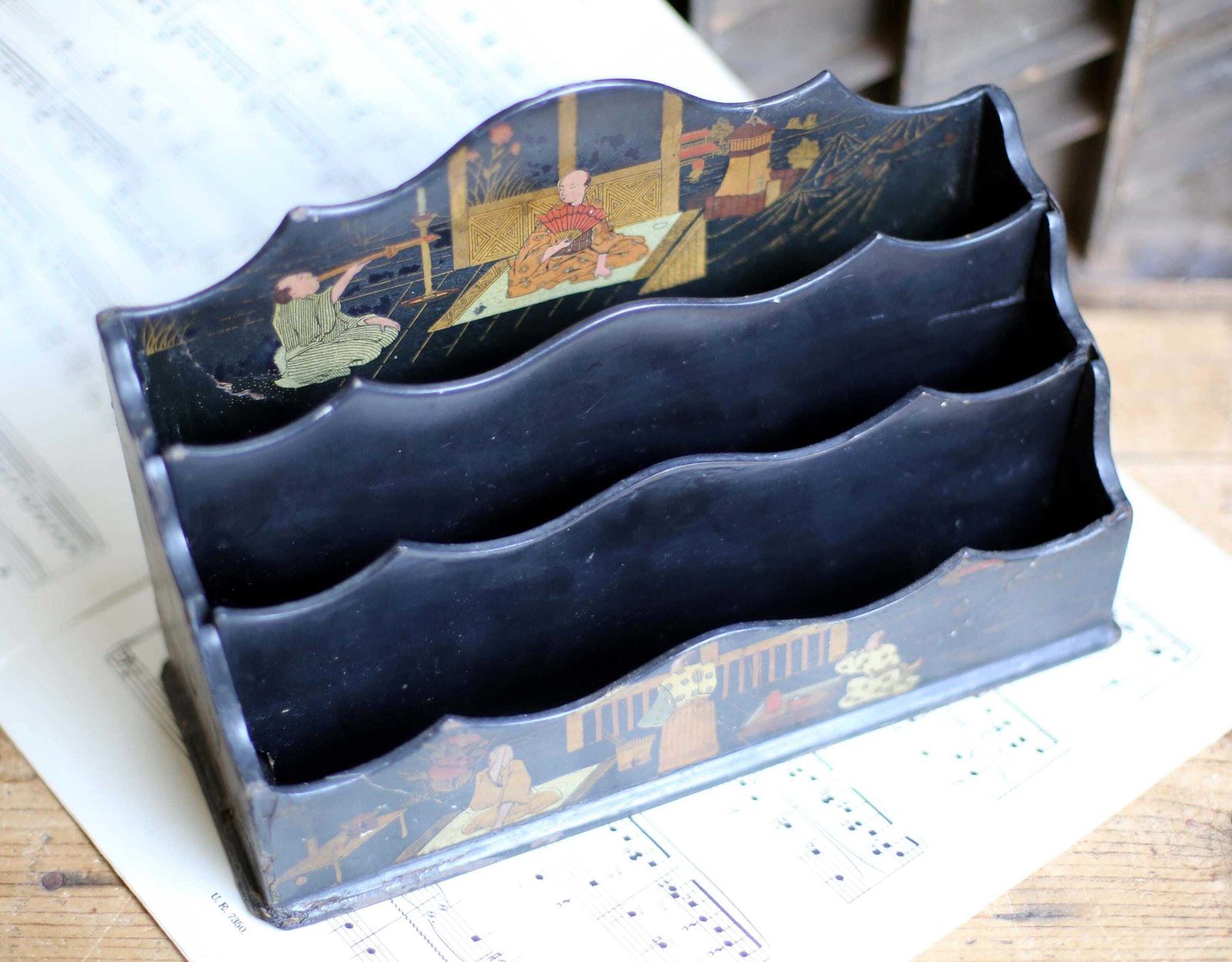 photo for sale Antique Japanese Black Lacquer Letter Rack Wooden Desk Organizer Holder Storage