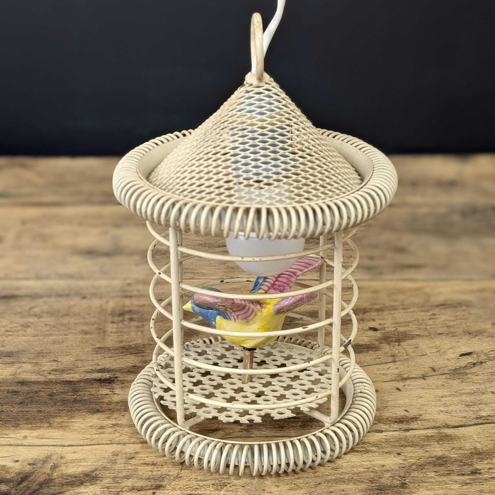 1950s Birdcage Lamp Ceramic Bird, Mid Century Wire Table Light, Hanging Retro Lantern, Eclectic Nursery Decor, Pottery Avian Nightlight photo vinterior