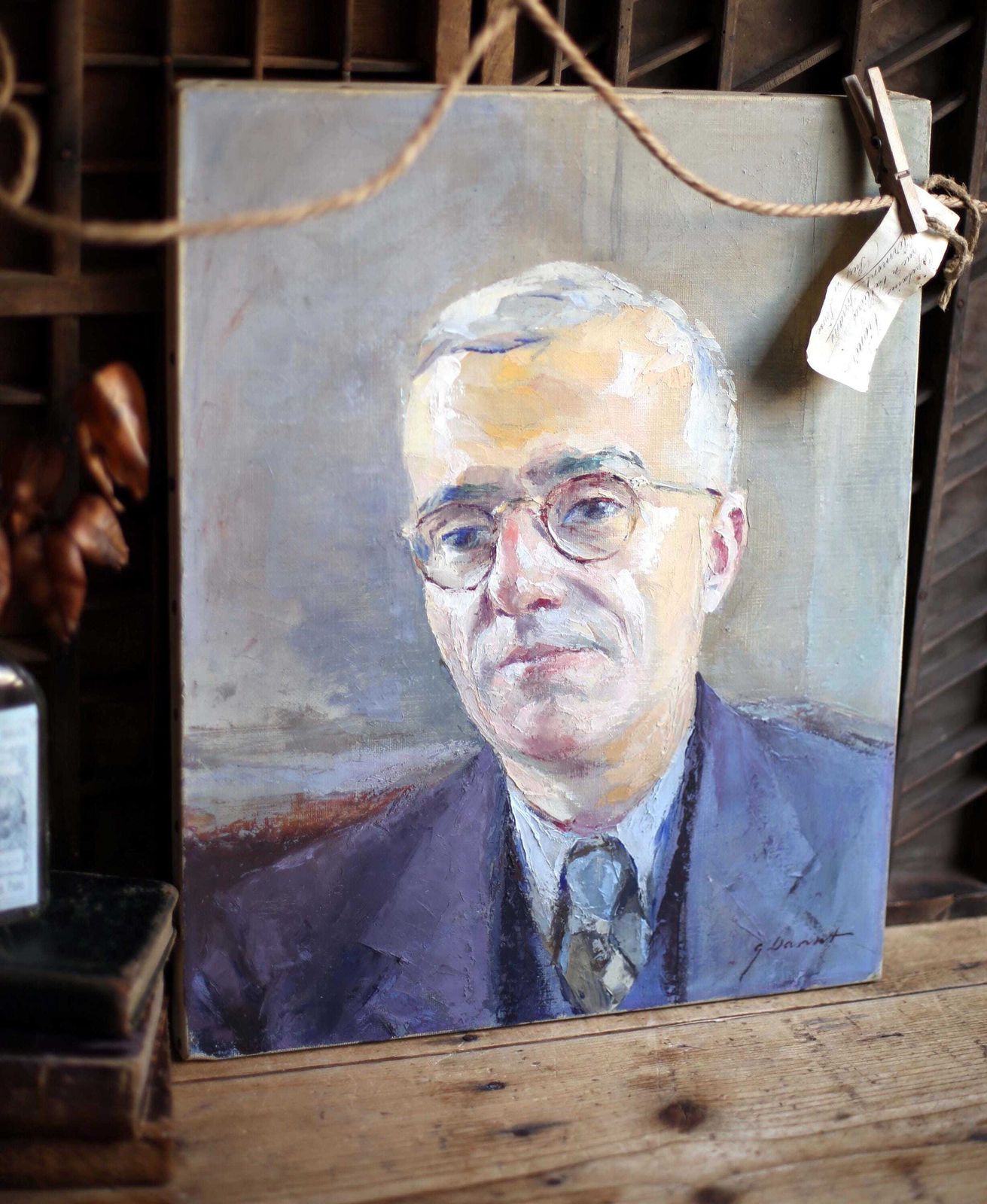 Original Georges Danset Male Portrait Painting French Man Oil On Canvas photo furniture