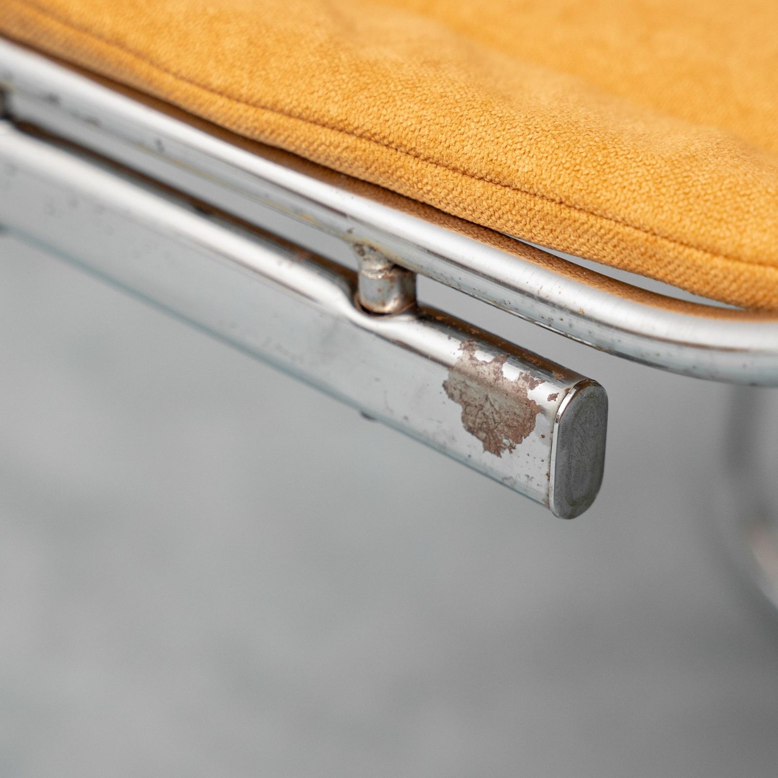 photo for sale Set Of 4 Vintage Gastone Rinaldi Chairs, Chromed Steel, Yellow Fabric, 1970s Modern Antiques