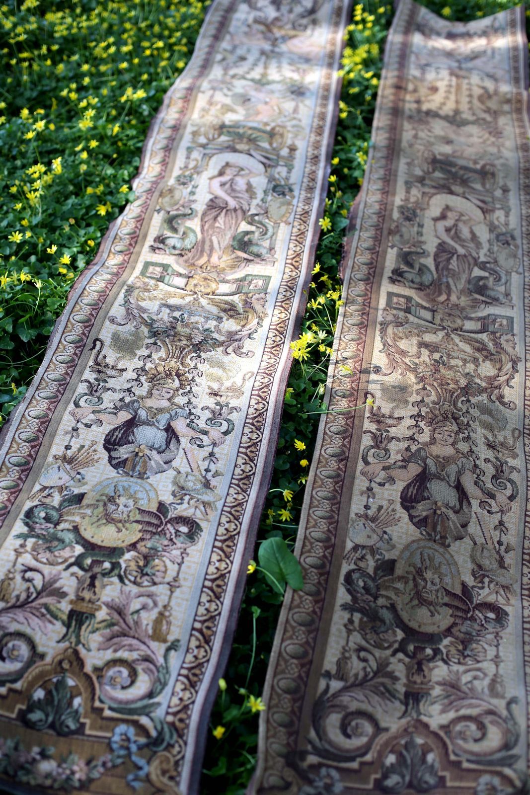 photo vintage Pair Of Antique Aubusson Tapestry Panels Extra Long Jacquard Lengths Louis Philippe Neo Baroque