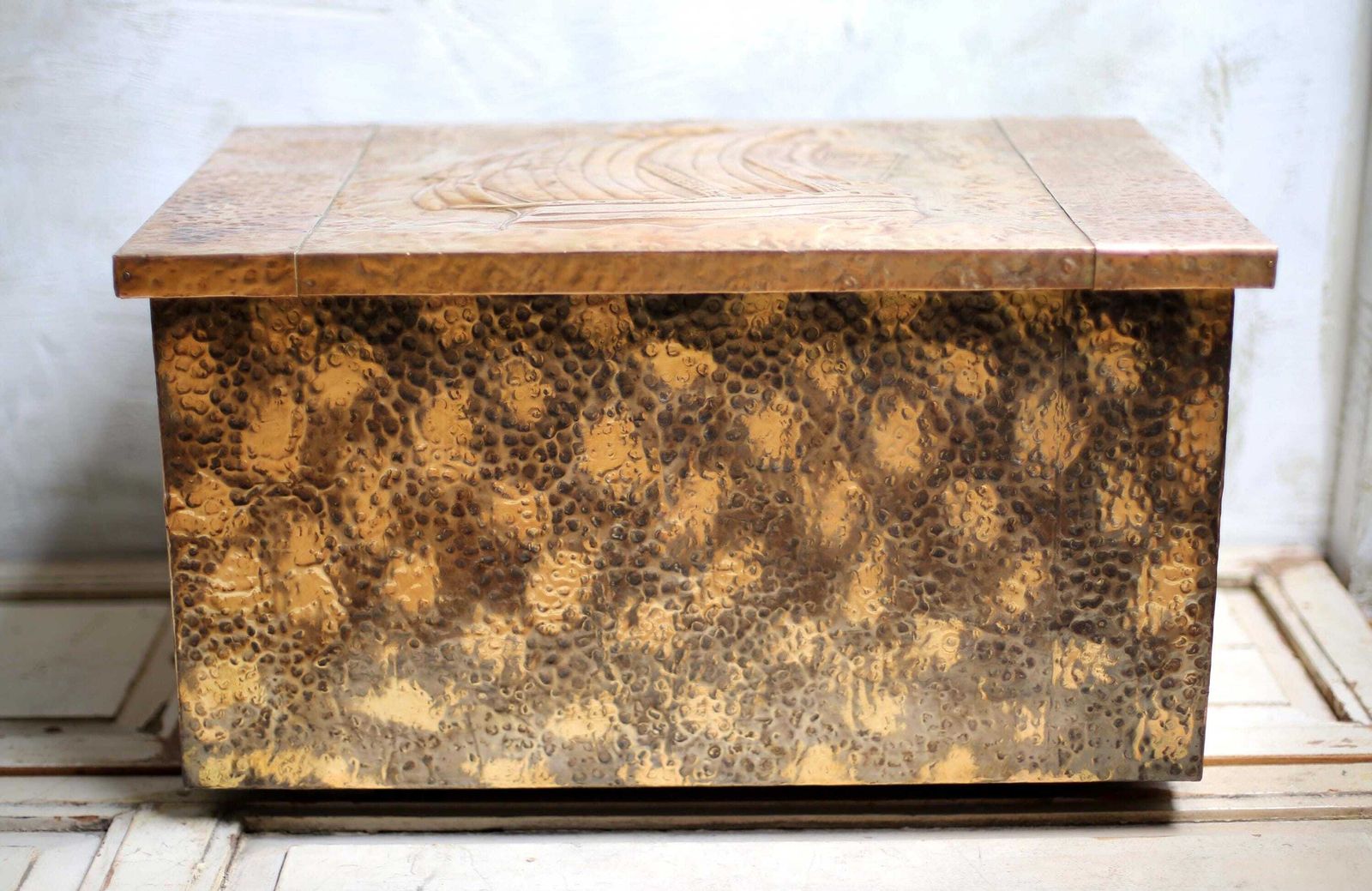 Antique Copper & Brass Repousse Chest Nautical Log Box Old French Galleon photo Furniture