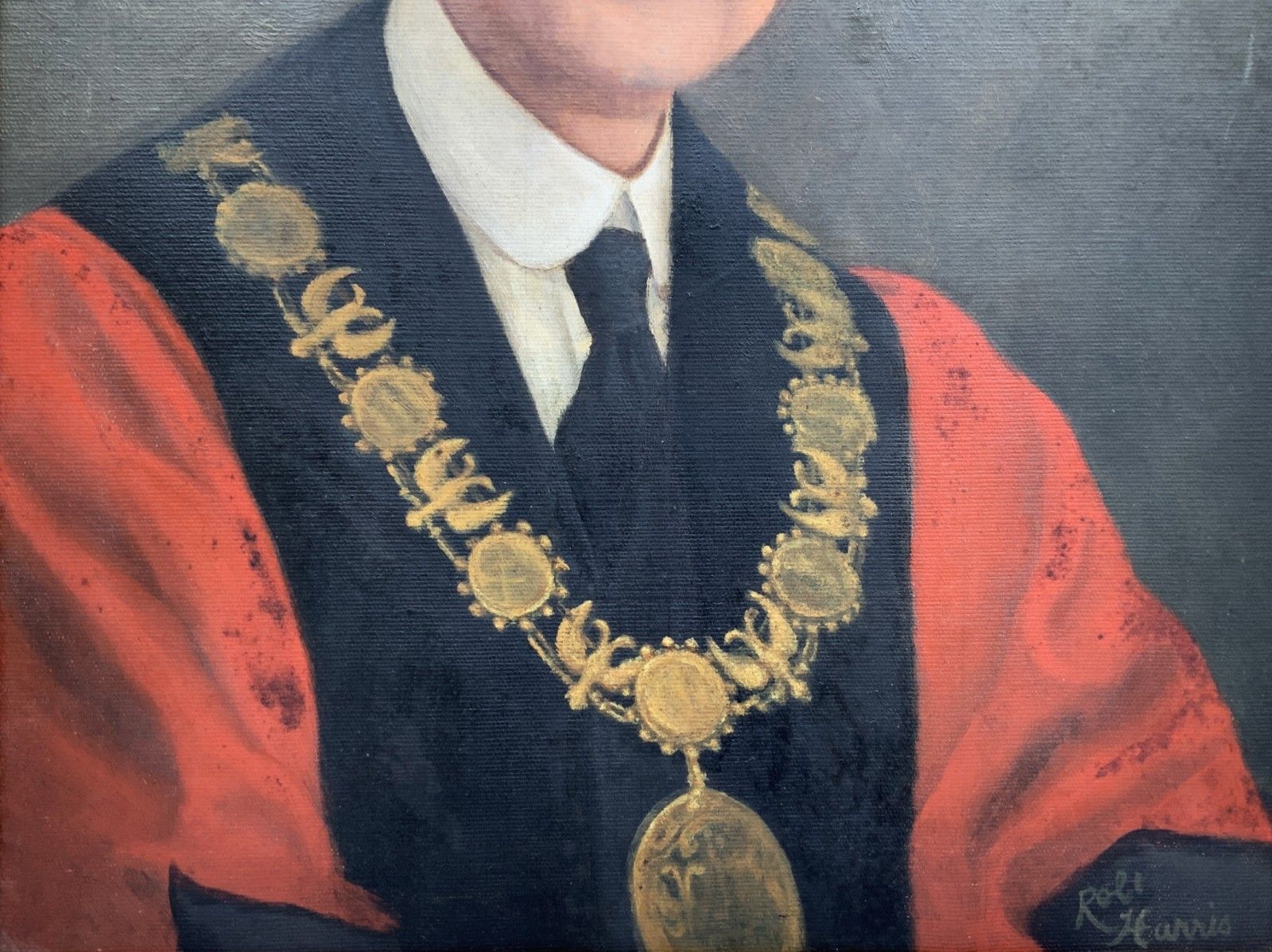 Oil Portrait Painting Bespectacled Mayor Mid Century Vintage Antique photo buy