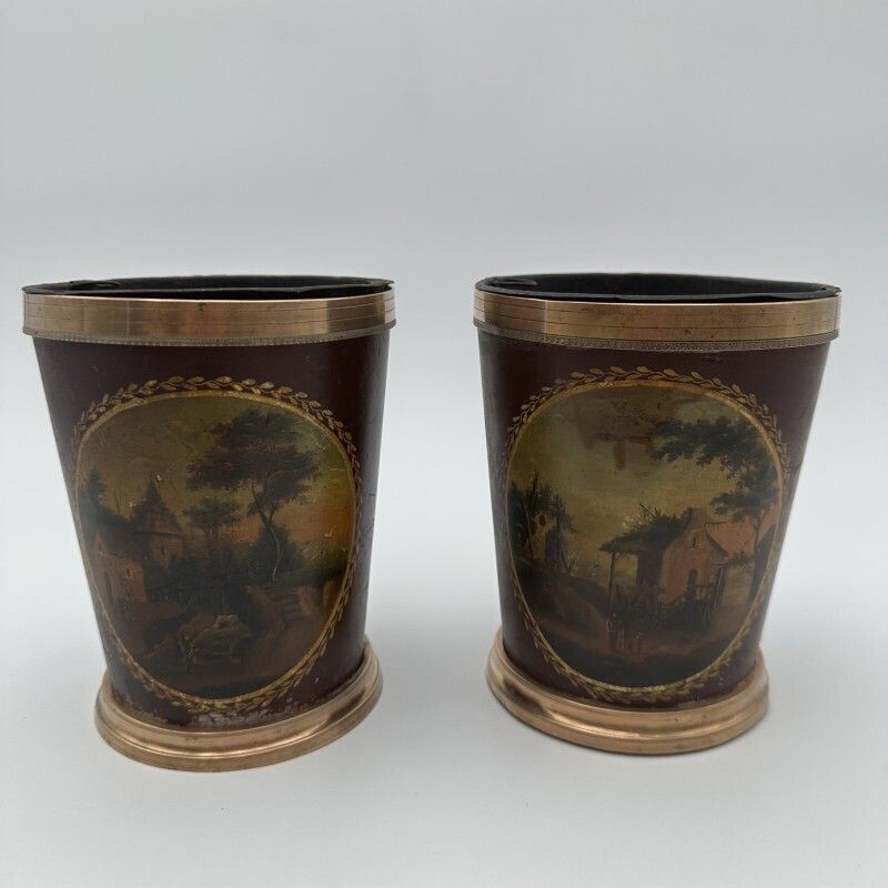Pair Of Painted Sheet Metal And Brass Flowerpots, Decorated With Bucolic Landscapes, 19th Century. photo furniture