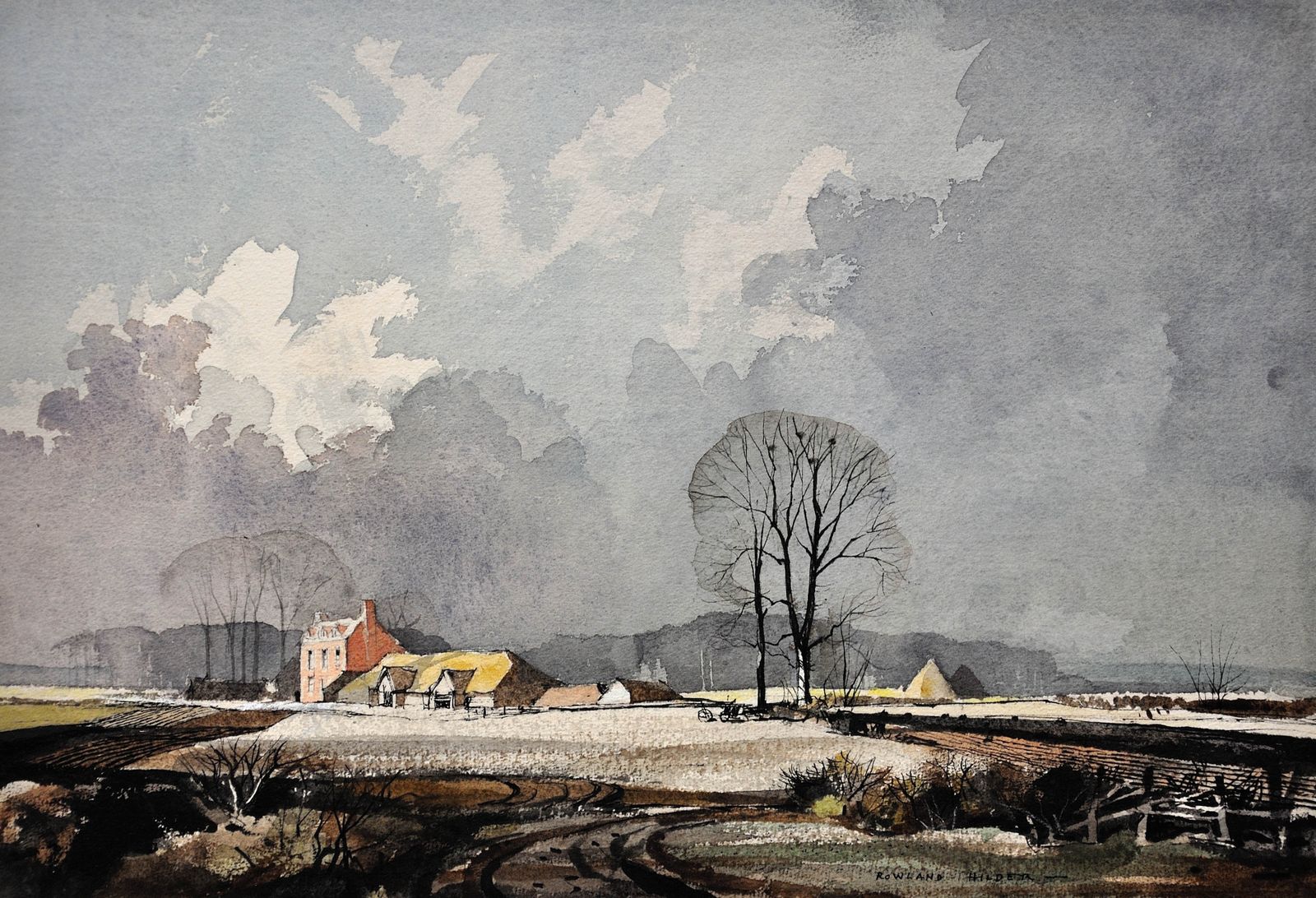 Rowland Hilder, 1905-1993. Premières neiges d'hiver sur une ferme du Kent. Aquarelle encadrée, paysage du Kent avec grands ormes. photo furniture