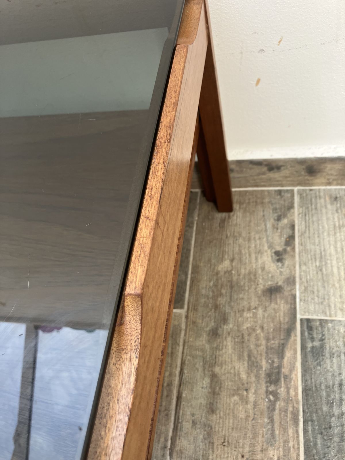 Myer Smoked Glass Teak Floating Coffee Table photo vinterior