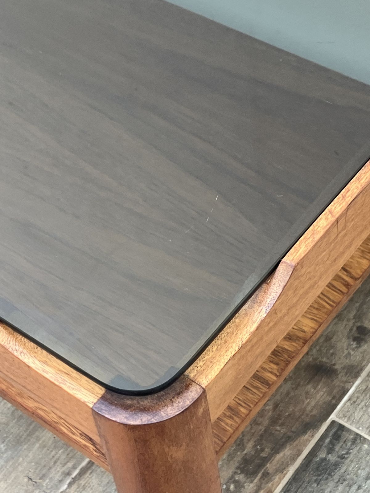 Furniture Myer Smoked Glass Teak Floating Coffee Table photo