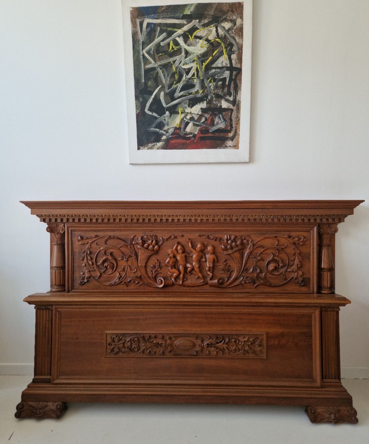 Antique Renaissance King Size Bed And Pair Of Nightstands Carved Wood Angels