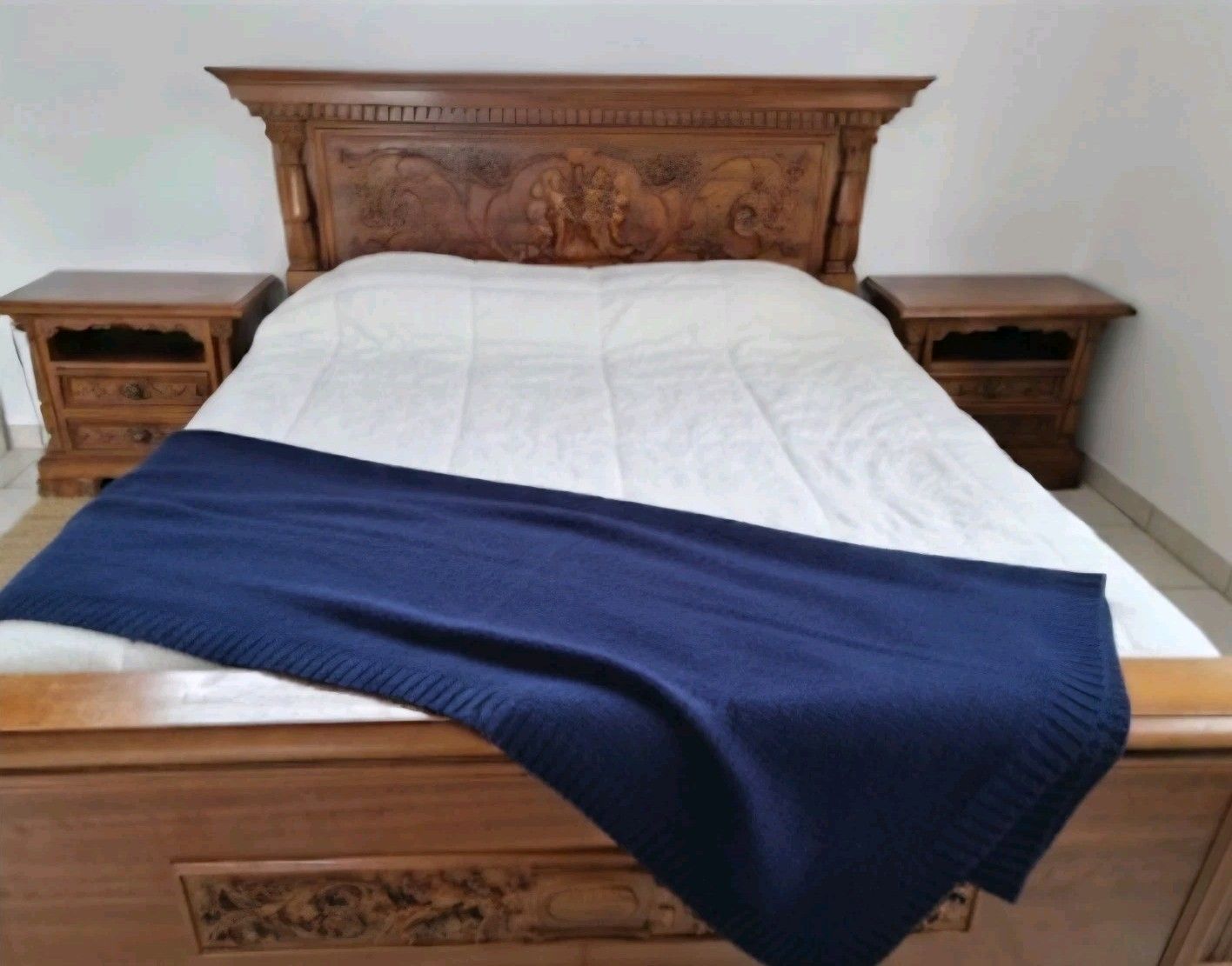 Antique Renaissance King Size Bed And Pair Of Nightstands Carved Wood Angels photo for sale