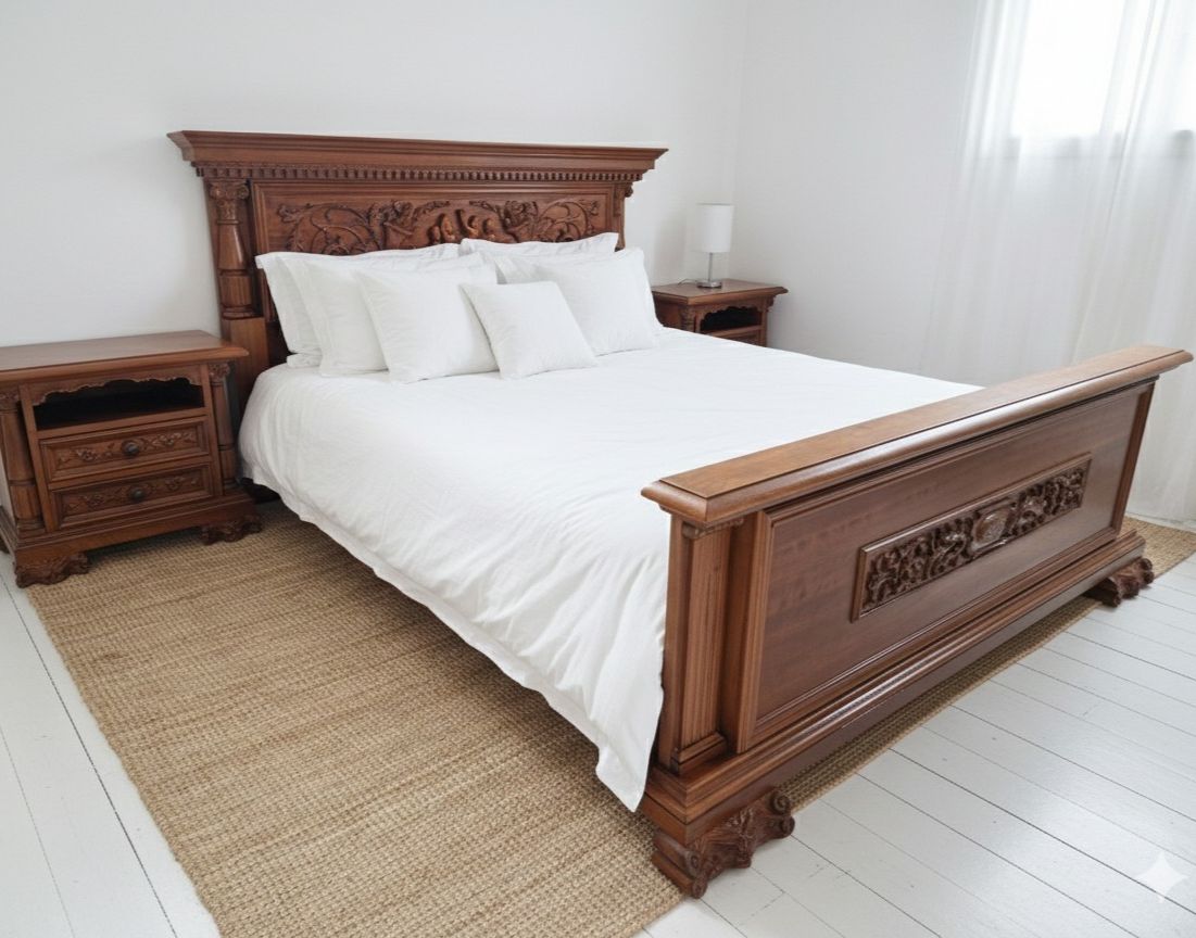 Antique Renaissance King Size Bed And Pair Of Nightstands Carved Wood Angels photo vinterior