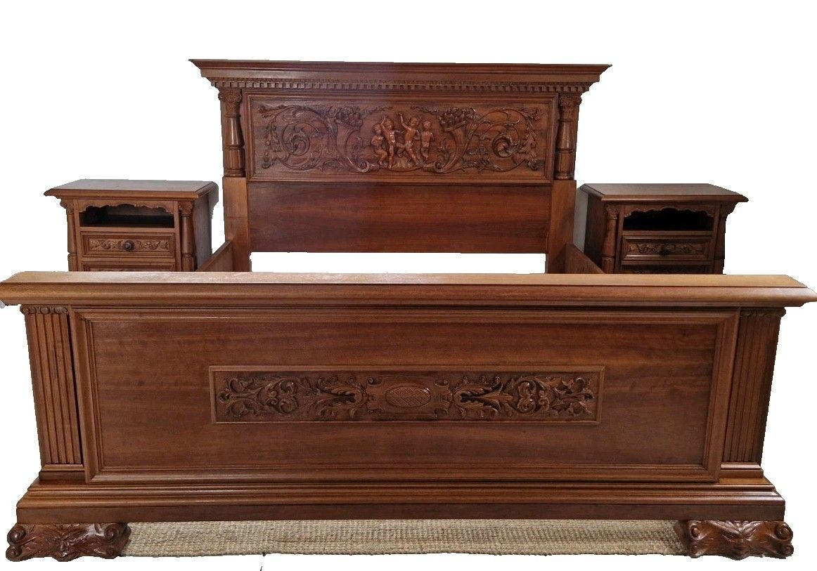 Antique Renaissance King Size Bed And Pair Of Nightstands Carved Wood Angels photo vintage
