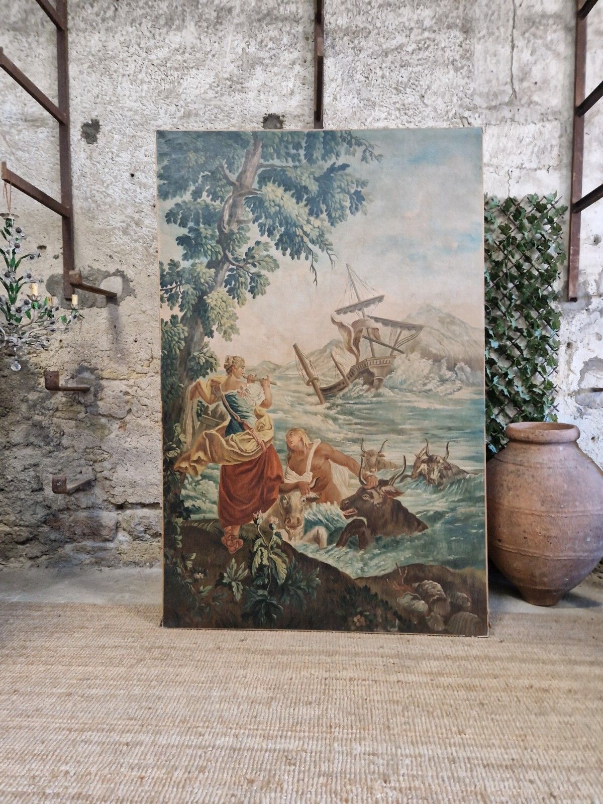 Large Antique Oil Painting Of Famous Tapestry 19th Century Chateau Artwork photo for sale