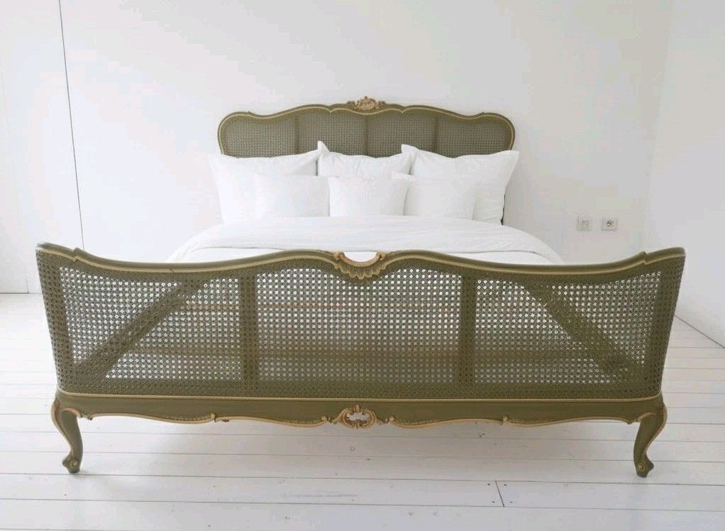 Antique French Cane Bed King Size Louis XV Green Lacquer Gold Accents photo furniture