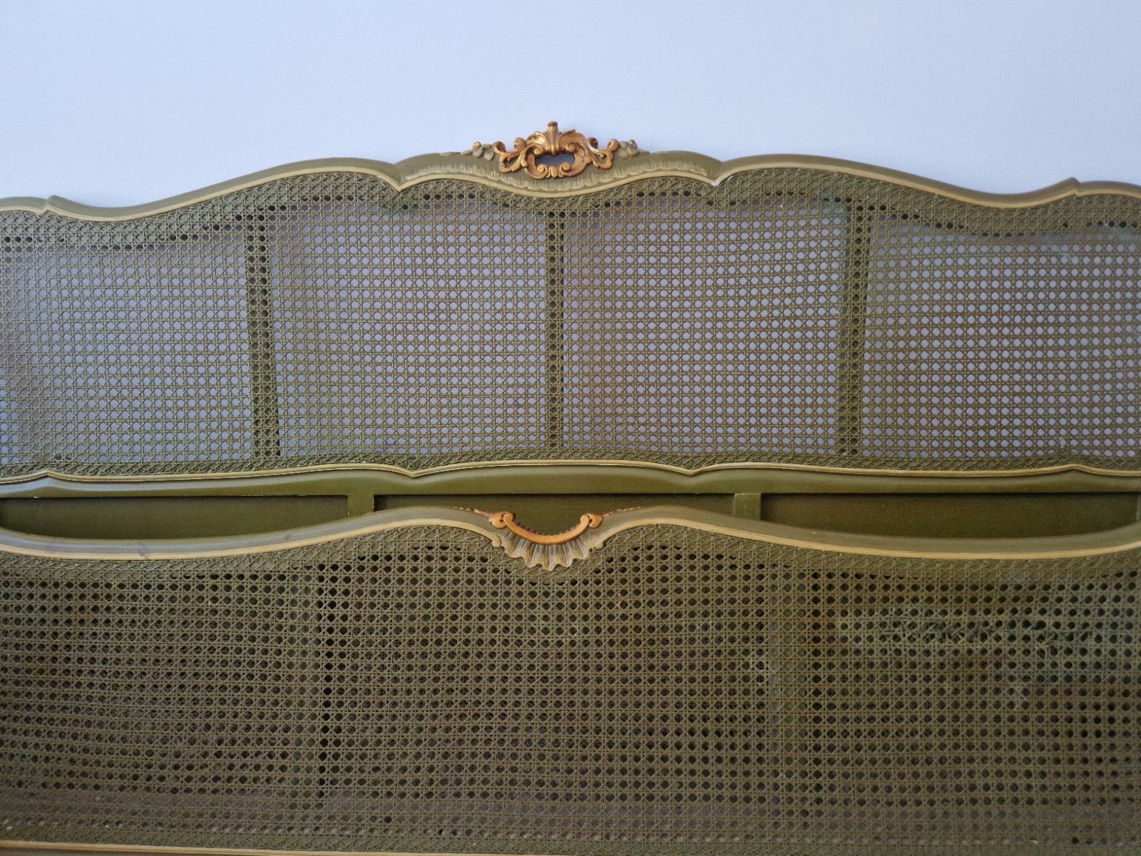 Antique French Cane Bed King Size Louis XV Green Lacquer Gold Accents photo buy