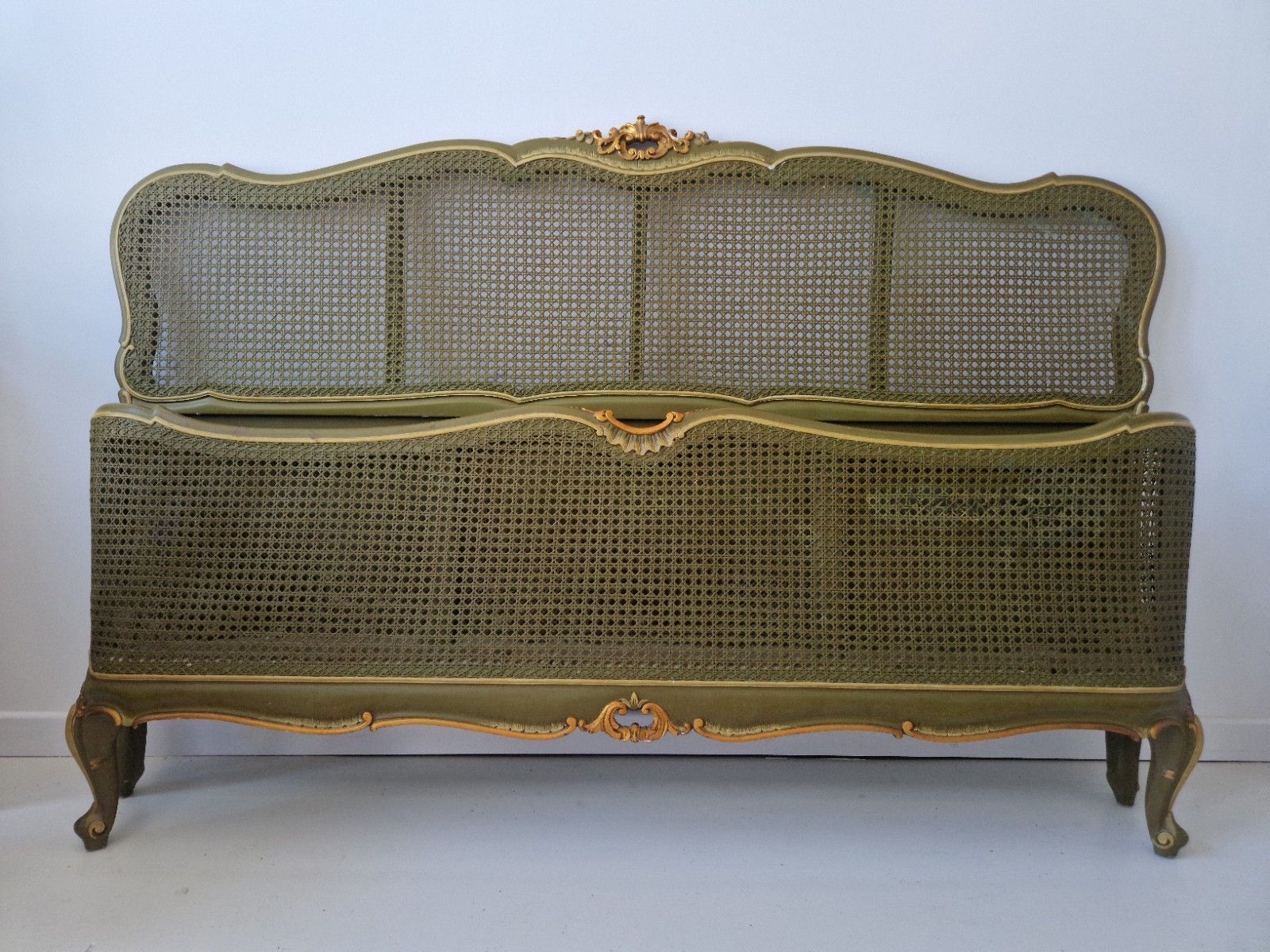 photo for sale Antique French Cane Bed King Size Louis XV Green Lacquer Gold Accents