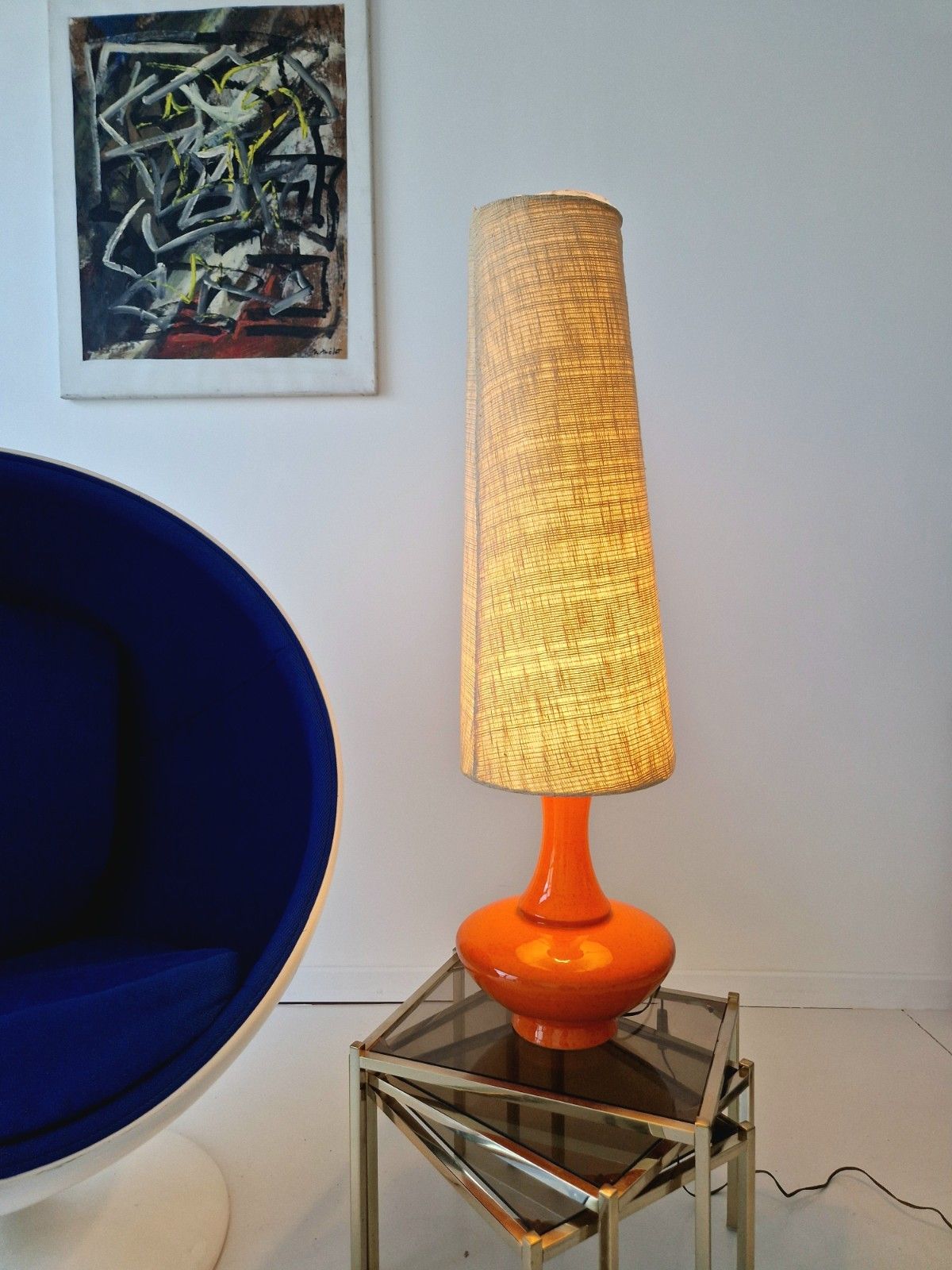 Mid Century Orange Ceramic Floor Or Table Lamp 1960s Vintage Home photo for sale