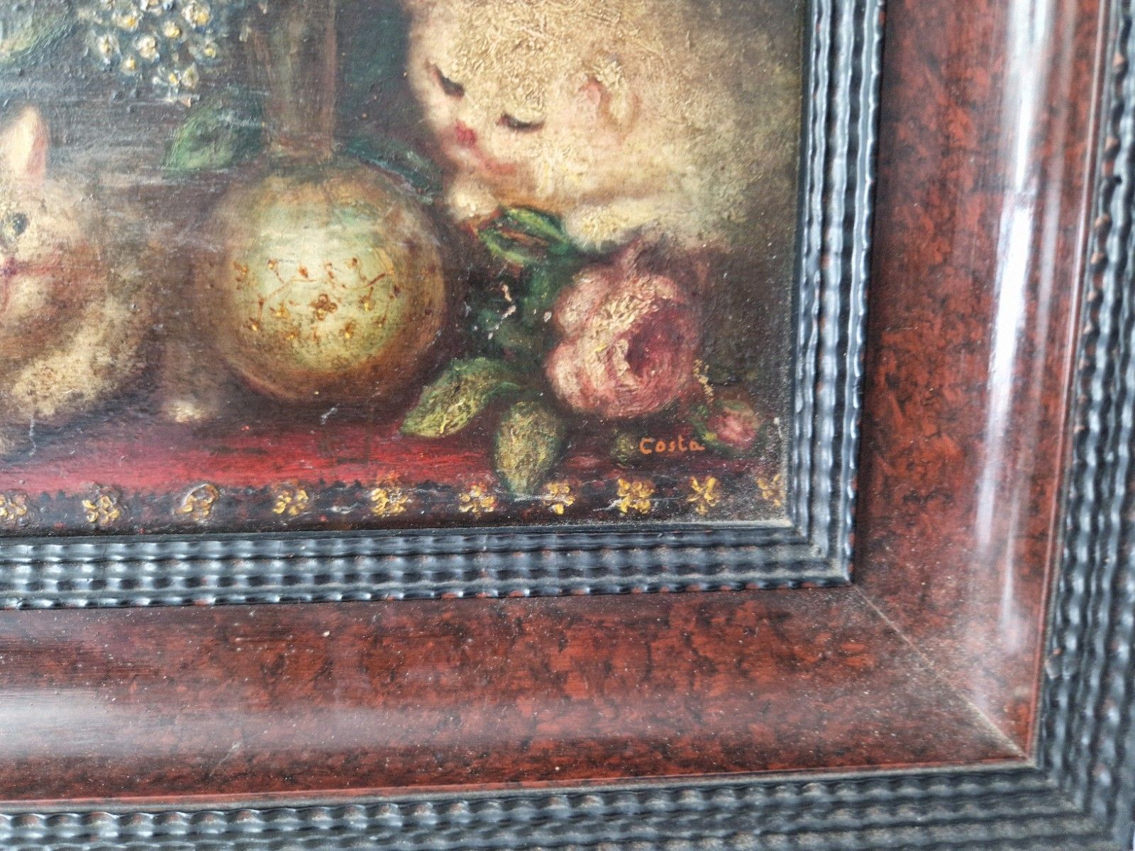 photo furniture Antique Oil Painting Kittens 19th Century Signed Costa