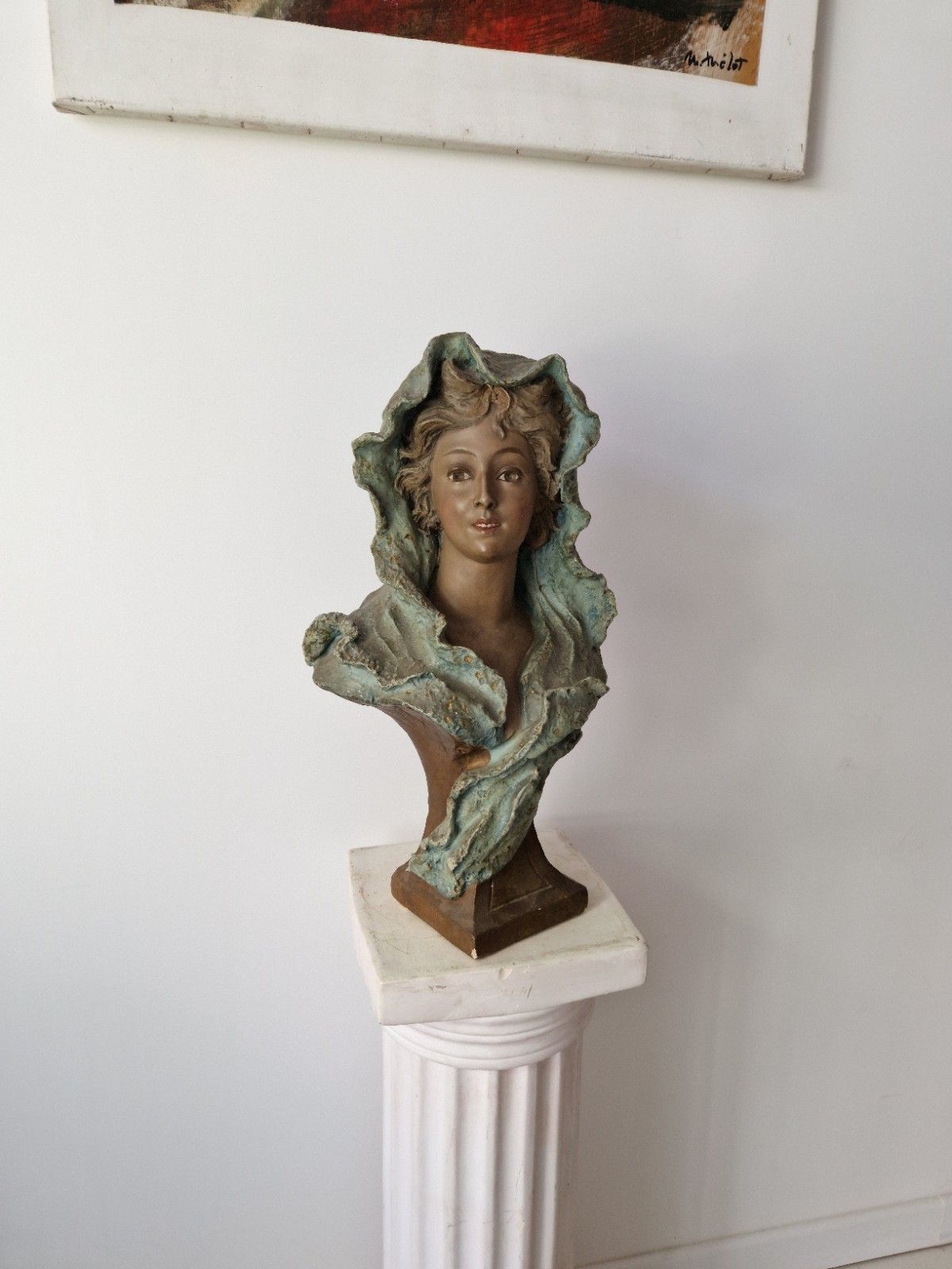 photo furniture Antique French Bust Patina Plaster Femme Sculpture Art Noveau