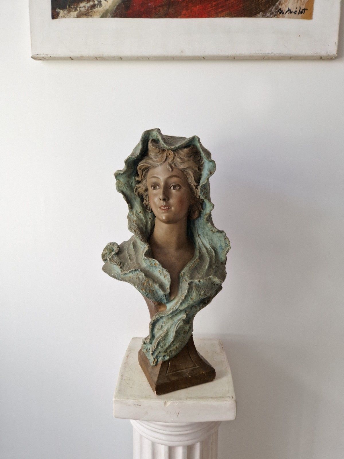 photo for sale Antique French Bust Patina Plaster Femme Sculpture Art Noveau