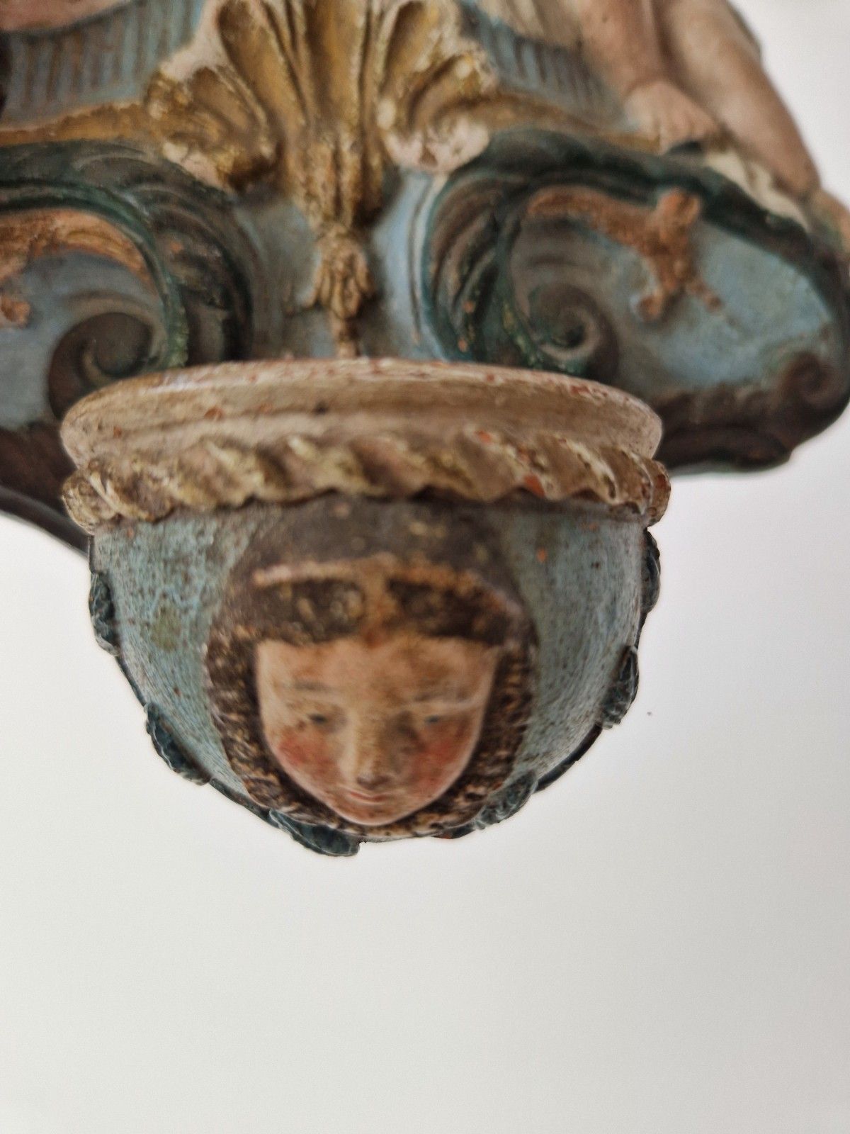 Antique Religious Holy Water Font Bénitier Putti Angels Cross Polychrome Carved photo furniture