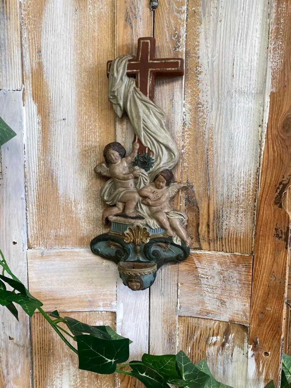 Antique Religious Holy Water Font Bénitier Putti Angels Cross Polychrome Carved photo for sale