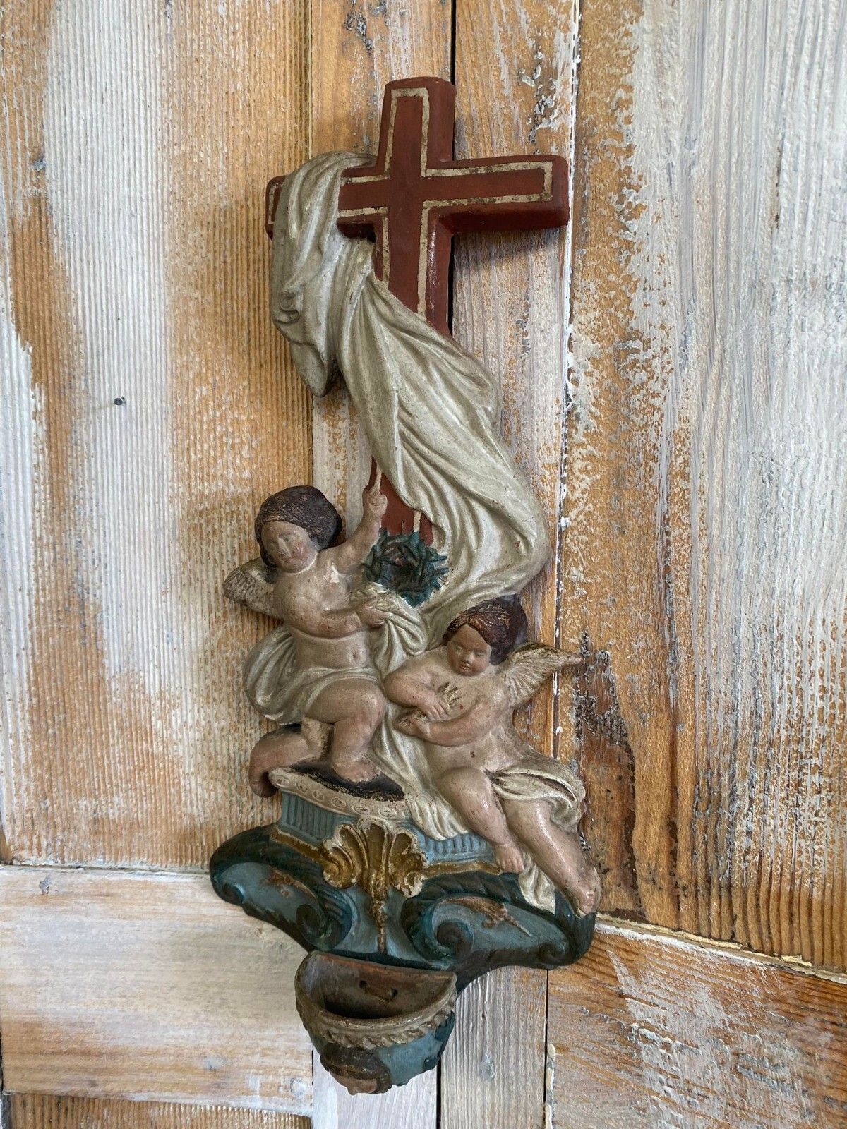 Antique Religious Holy Water Font Bénitier Putti Angels Cross Polychrome Carved photo 295.0