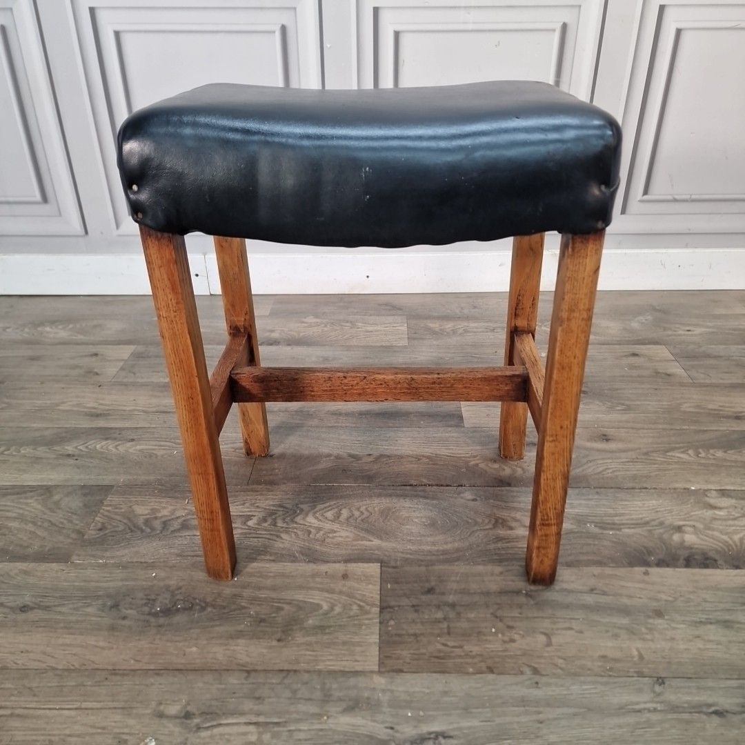 Vintage Vanity Piano Stool Wood Black Vinyl Seat Oak Bench Mid Century Retro photo Furniture