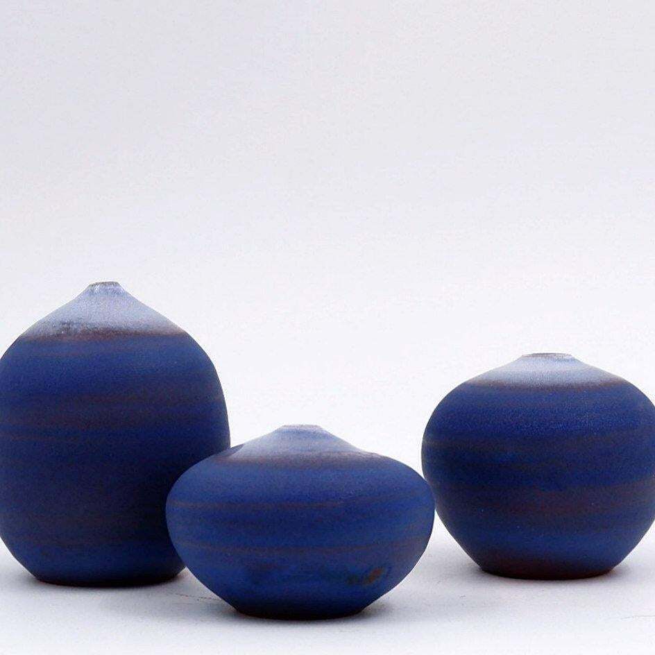 Set Of 3 Vintage Blue Miniature Ceramics By Antonio Lampecco   Belgium photo vintage