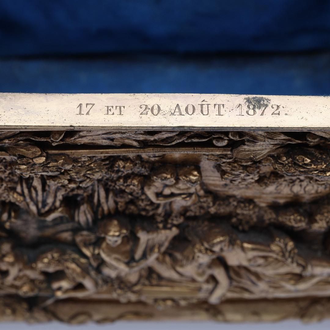 Gesneden antieke doos, Frans verguld bronzen juwelenkistje - Gedateerd 17 & 20 Août 1872 photo vinterior