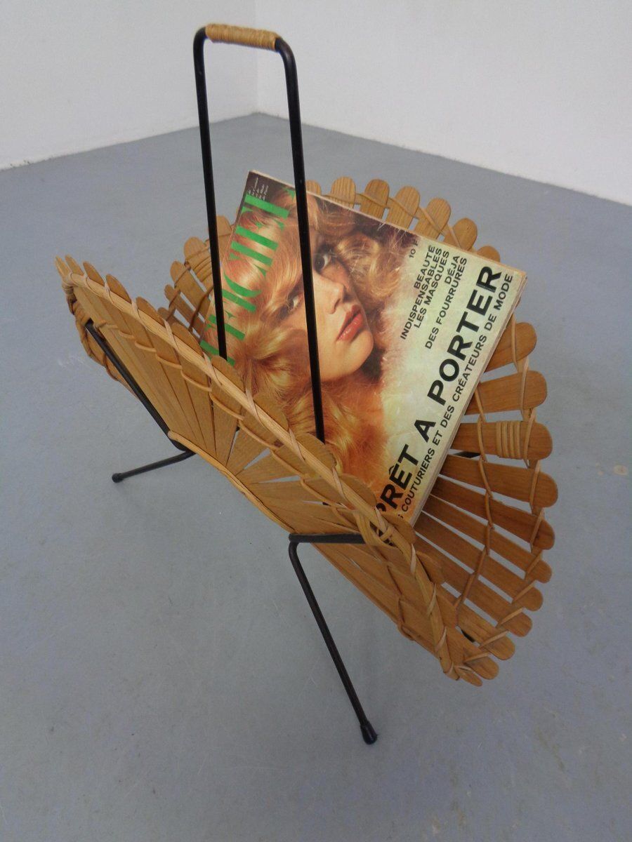 Italian Wicker And Iron Magazine Rack, 1960s photo vinterior